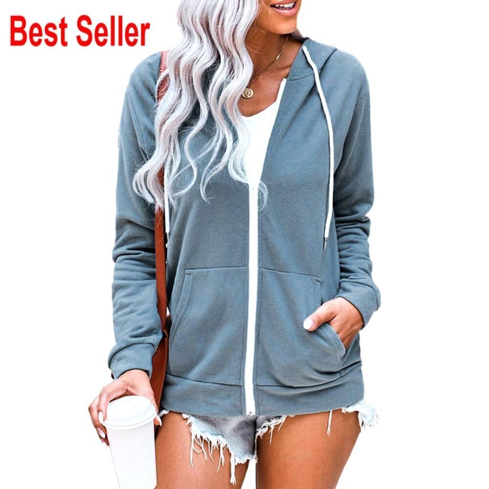 Full Zip Hoodie Loose Fit Long Sleeve Sweatshirt with Pockets Casual Wear